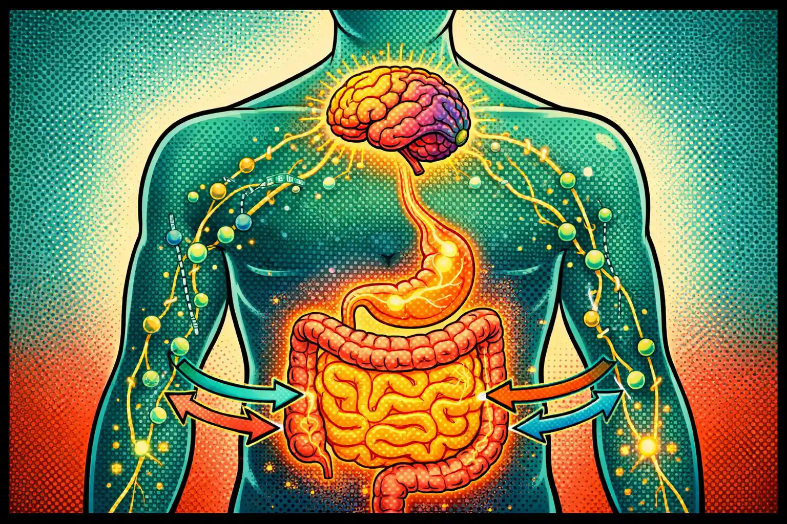 IBS treatment breakthroughs start with the gut-brain axis Pop art illustration of the gut-brain axis with nerve pathways, serotonin molecules, and a stylized intestine showing targeted therapy points.