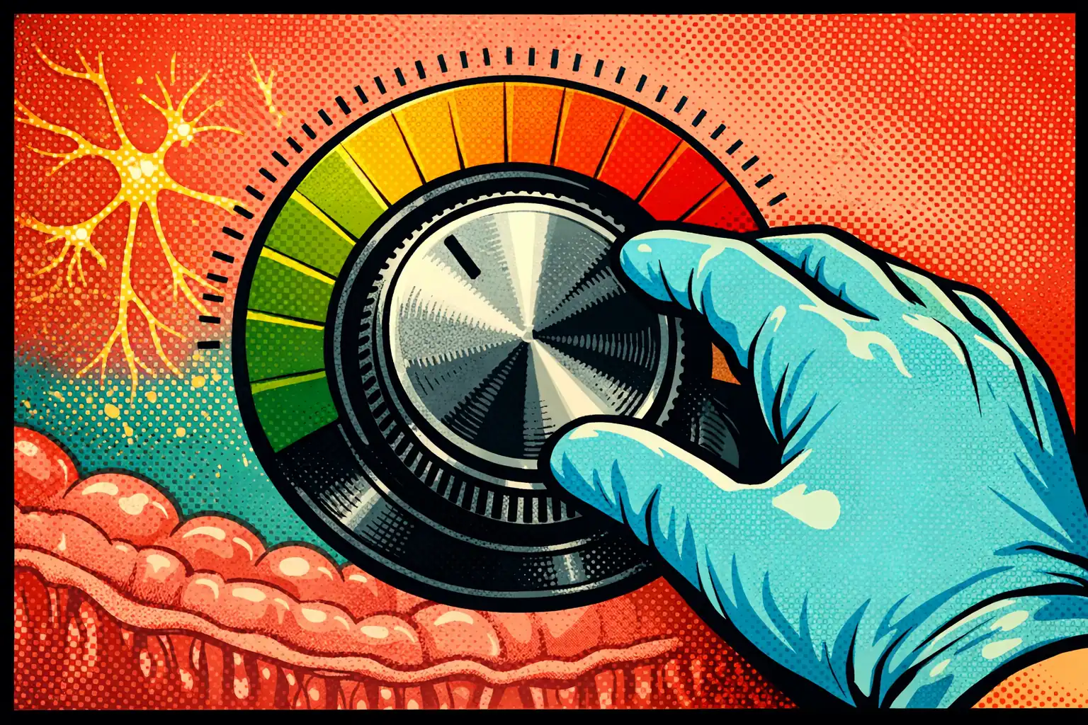 Targeted therapies aim to quiet the gut's pain volume Pop art illustration of a 'pain volume dial' being turned down by medication, representing visceral hypersensitivity treatment in IBS.