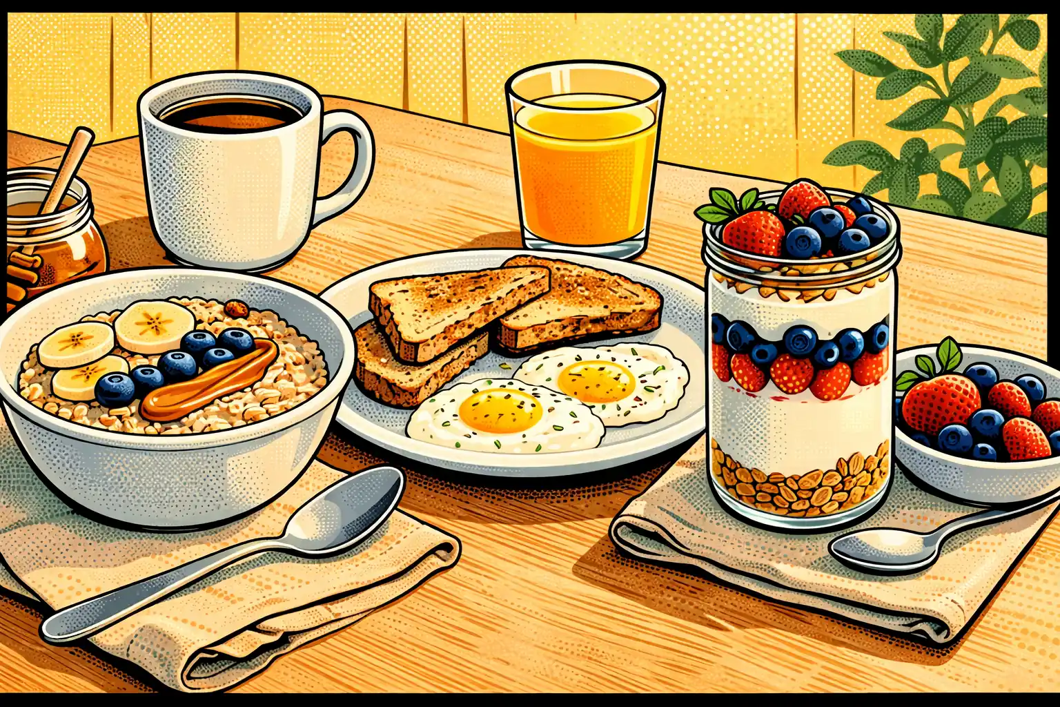 A calmer morning usually starts with a simpler breakfast, not a more complicated one. Three simple low-FODMAP breakfasts on one table: a plain oats bowl, eggs with toast, and a lactose-free yogurt jar with fruit.