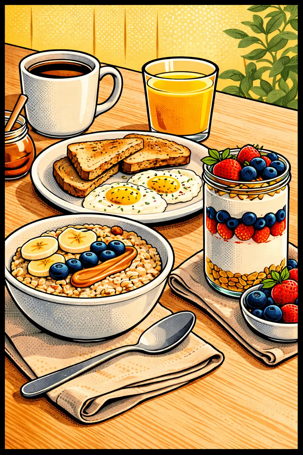 A calmer morning usually starts with a simpler breakfast, not a more complicated one. Three simple low-FODMAP breakfasts on one table: a plain oats bowl, eggs with toast, and a lactose-free yogurt jar with fruit.