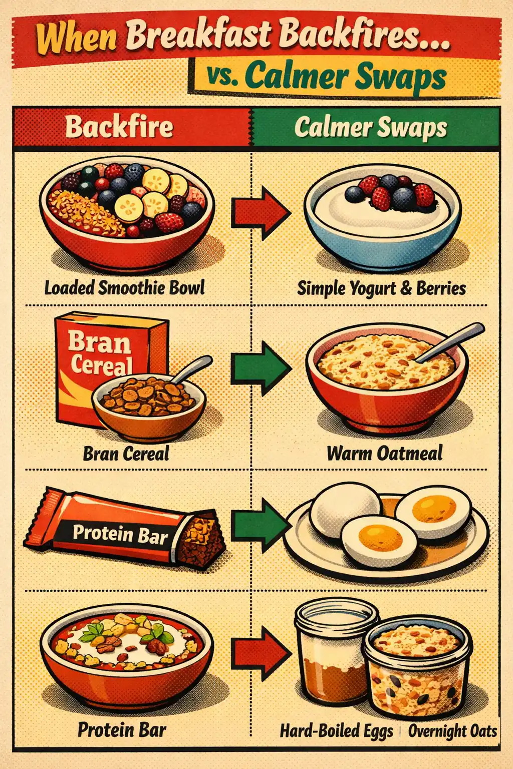 Breakfast usually gets quieter when you simplify the pattern before adding more rules. A comparison graphic showing common breakfast patterns that backfire versus calmer swaps such as oats, eggs, and simpler yogurt bowls.