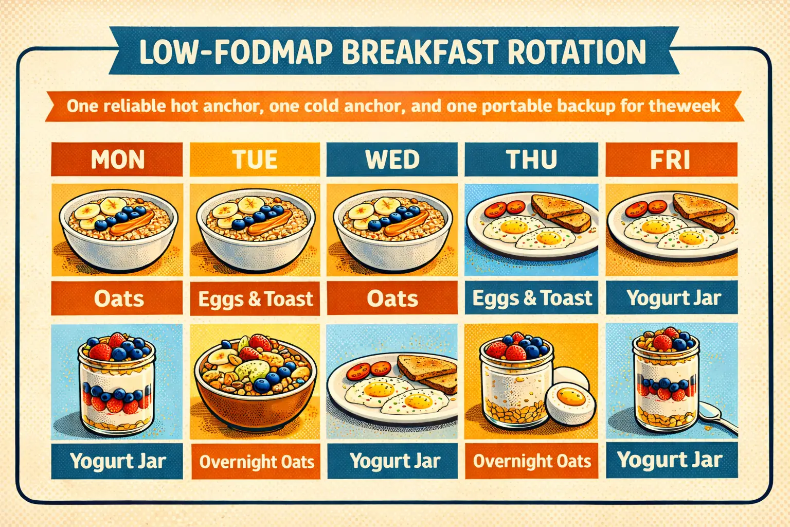 Three dependable breakfasts usually work better than seven improvised ones. A weekly low-FODMAP breakfast rotation card showing one hot anchor, one cold anchor, and one portable backup across a workweek.