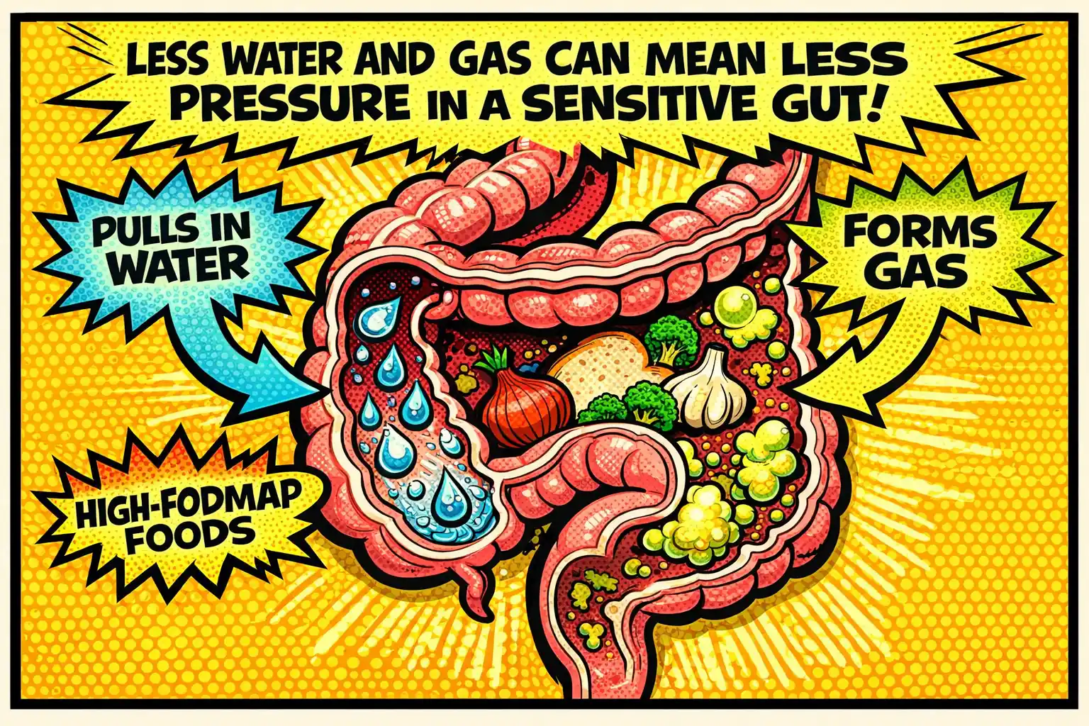 Less water and gas can mean less pressure in a sensitive gut. Editorial infographic showing how high-FODMAP foods can pull water into the gut and increase fermentation-driven gas