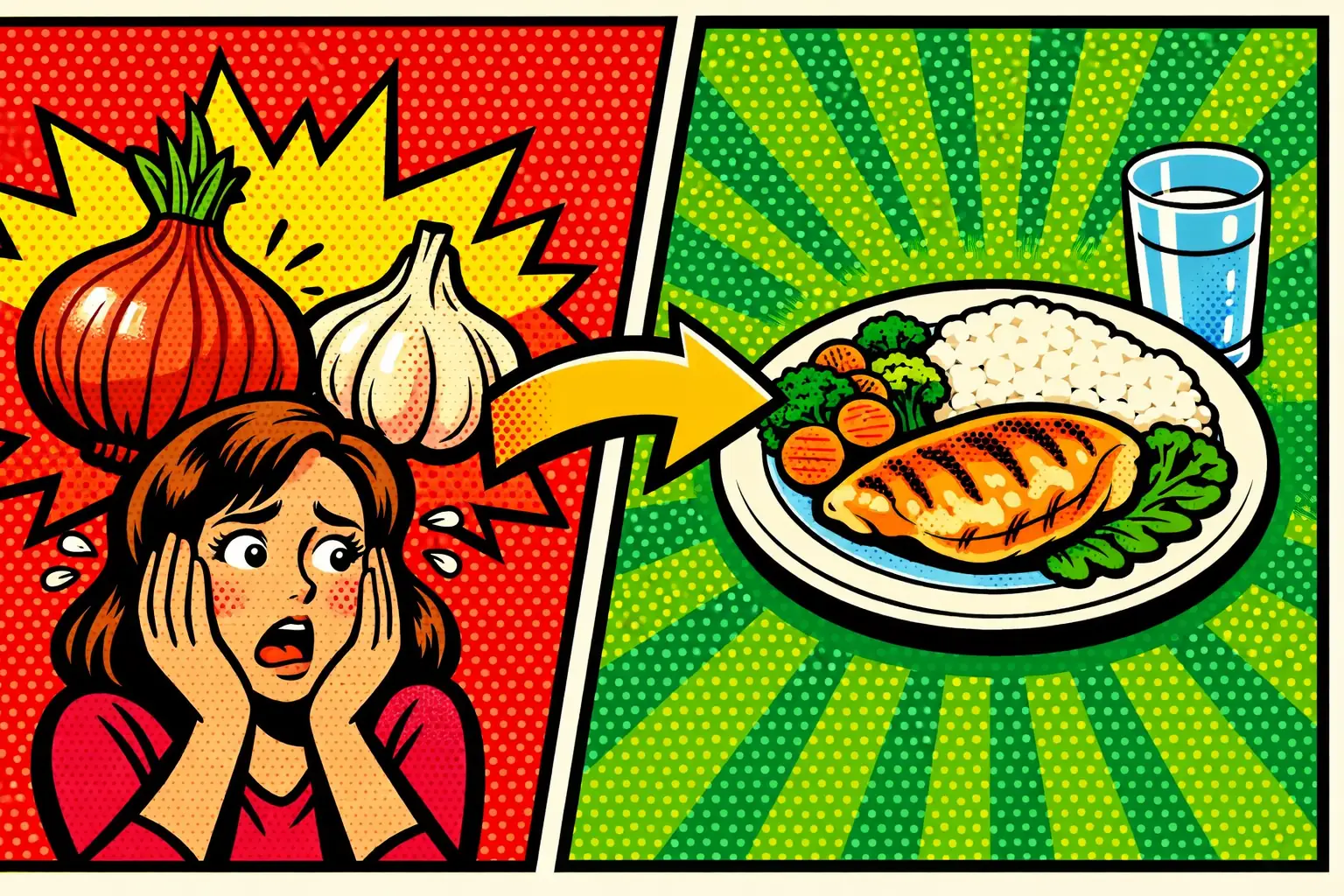 Low FODMAP works best as a short, structured path from symptom relief to personalization. Illustration of a person comparing common high-FODMAP trigger foods with a calmer low-FODMAP meal pattern