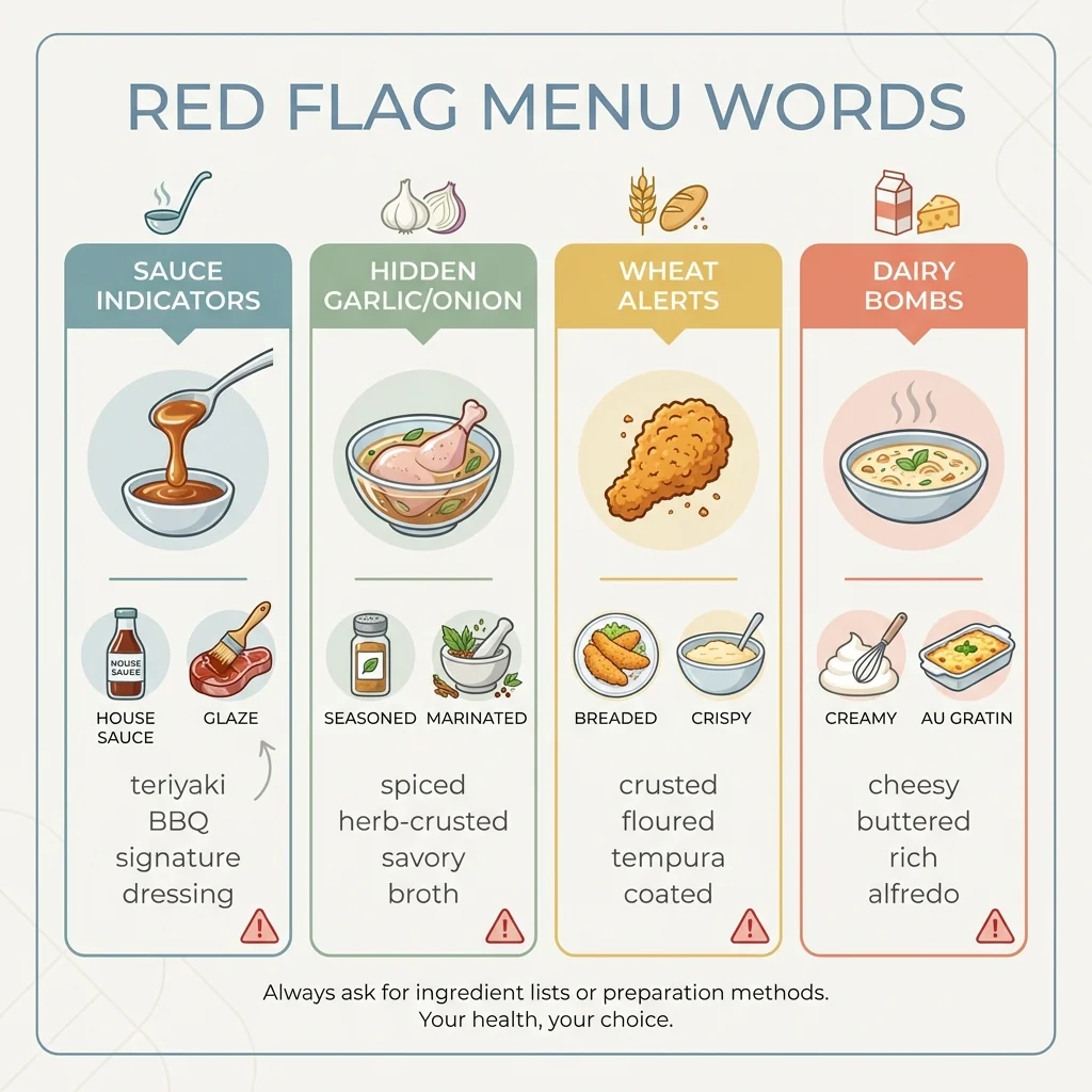 Watch out for these menu terms that often hide high FODMAP ingredients Infographic showing common red flag menu words for IBS sufferers