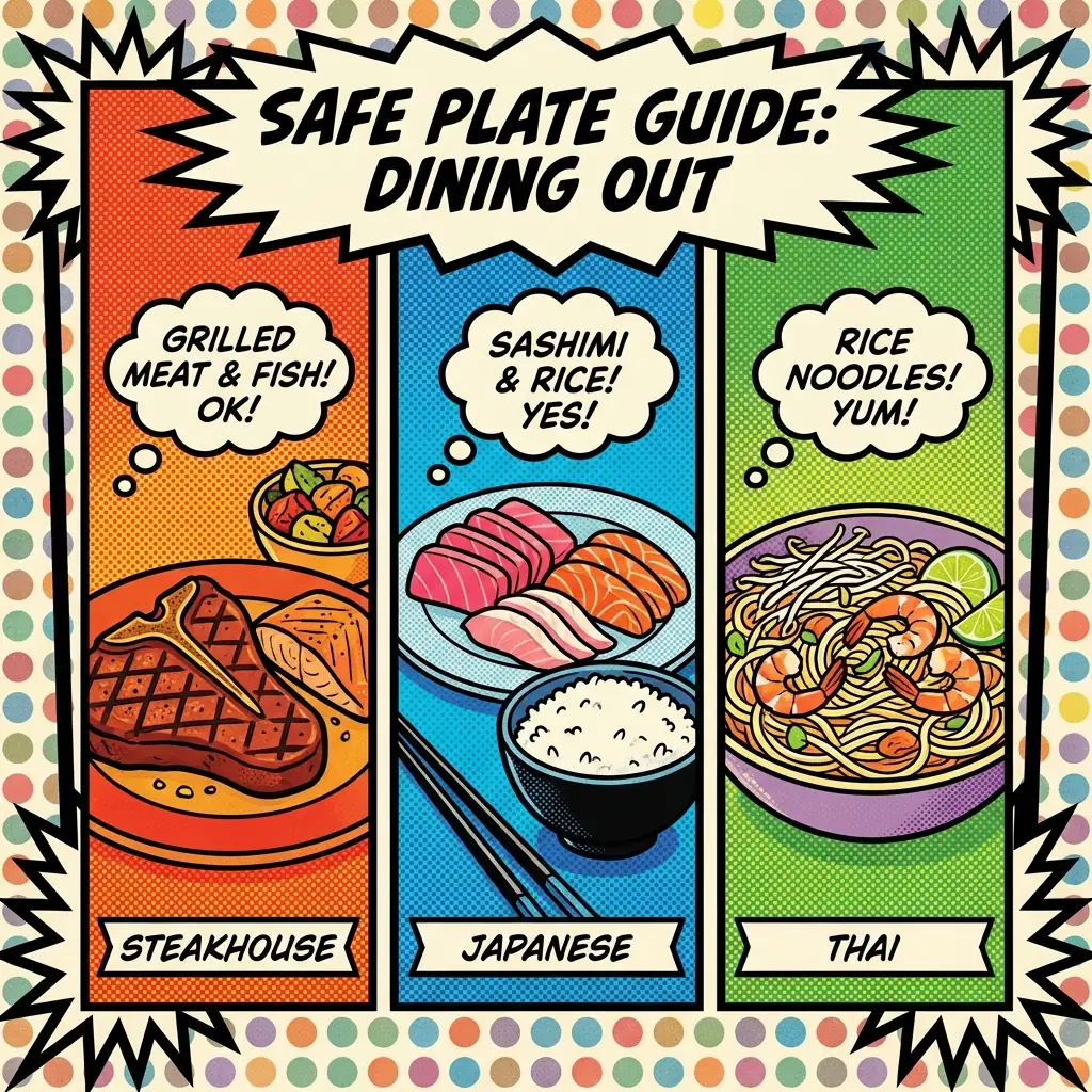 Safe bets include grilled proteins, rice dishes, and simple vegetable preparations Visual guide showing safe low FODMAP options across different cuisines