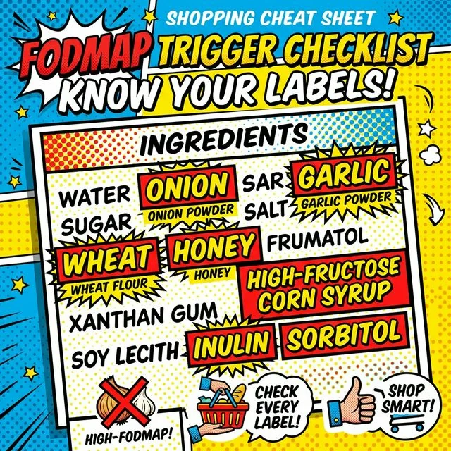 Scan for the clear triggers first, then move on. An ingredient label graphic highlights common low-FODMAP trigger ingredients such as onion, garlic, wheat, honey, inulin, and sorbitol, showing what beginners should scan for first.