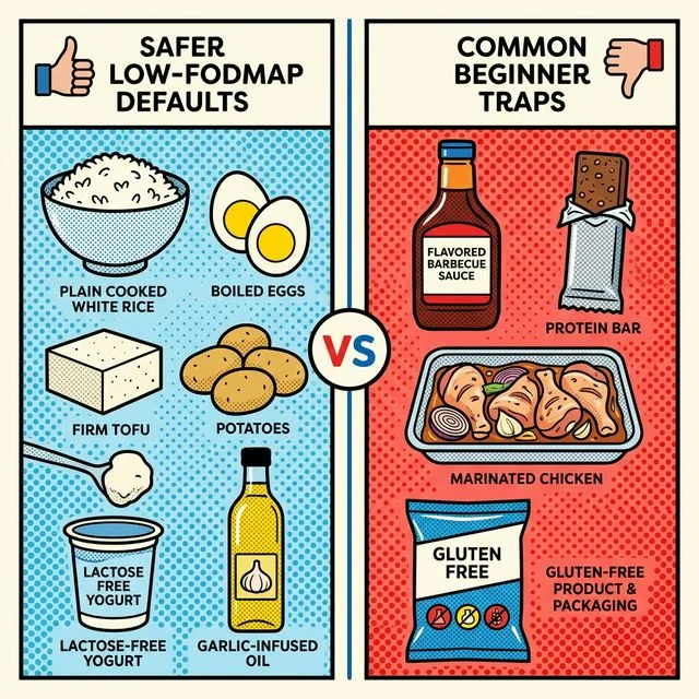 Week one goes better when you buy plain staples and skip label roulette. A side-by-side comparison shows safer low-FODMAP grocery defaults and common beginner packaged-food traps to avoid during week one.