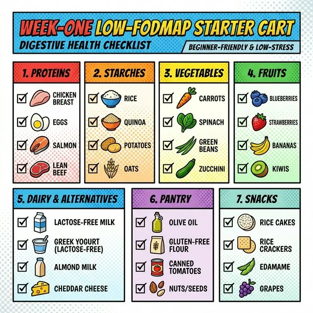 Start with six simple categories, not a giant master list. A visual checklist shows the core week-one low-FODMAP grocery cart grouped by proteins, starches, produce, dairy, pantry, and snacks for beginner meal planning.
