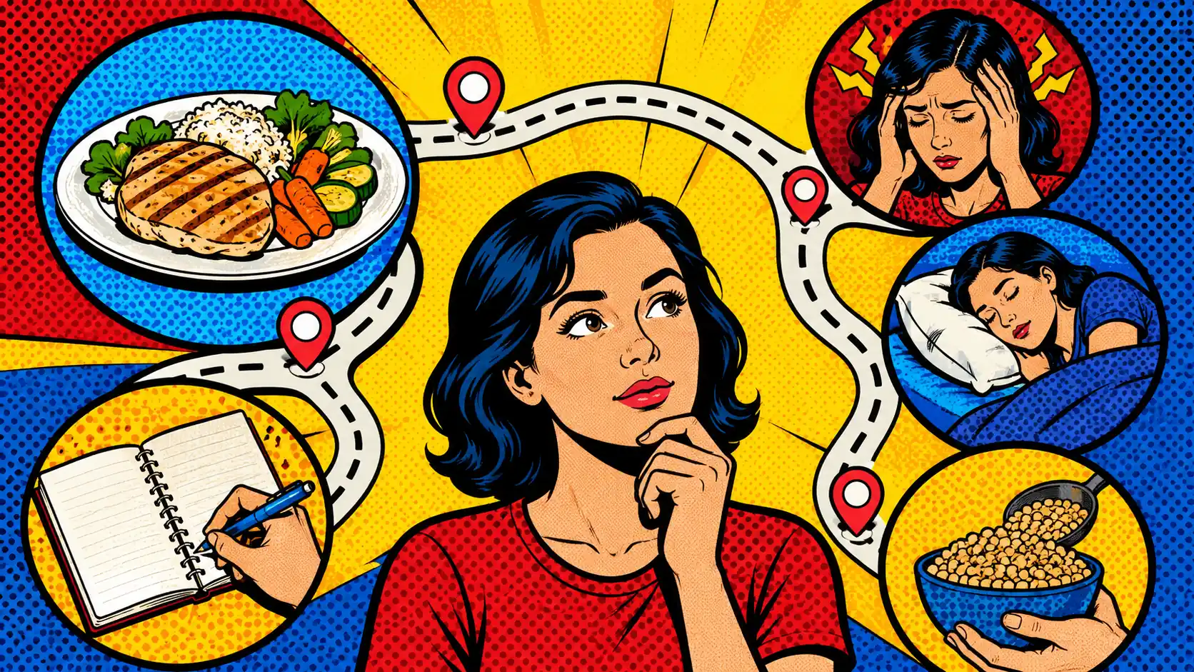 Personalization needs a route, not random bravery. Pop art style hero showing a low-FODMAP personalization route between stable meals, symptom notes, and real-life variables such as stress and serving-size drift.