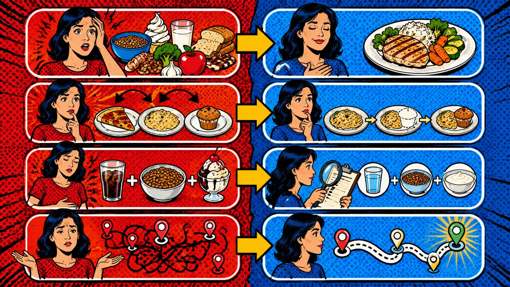 The problem is often the pattern, not just the food. Pop art style route card matching personalization mistakes to reset actions such as anchor meals, one-change testing, stacking review, and route-back decisions.