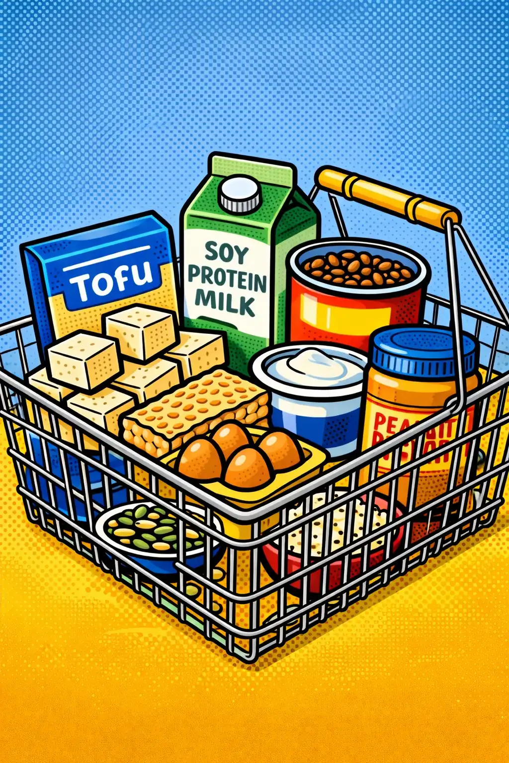 A short list of repeat staples usually works better than a cart full of product experiments. Grocery basket with practical low-FODMAP vegetarian protein staples including tofu, tempeh, eggs, yogurt, soy-protein milk, seeds, and canned lentils.