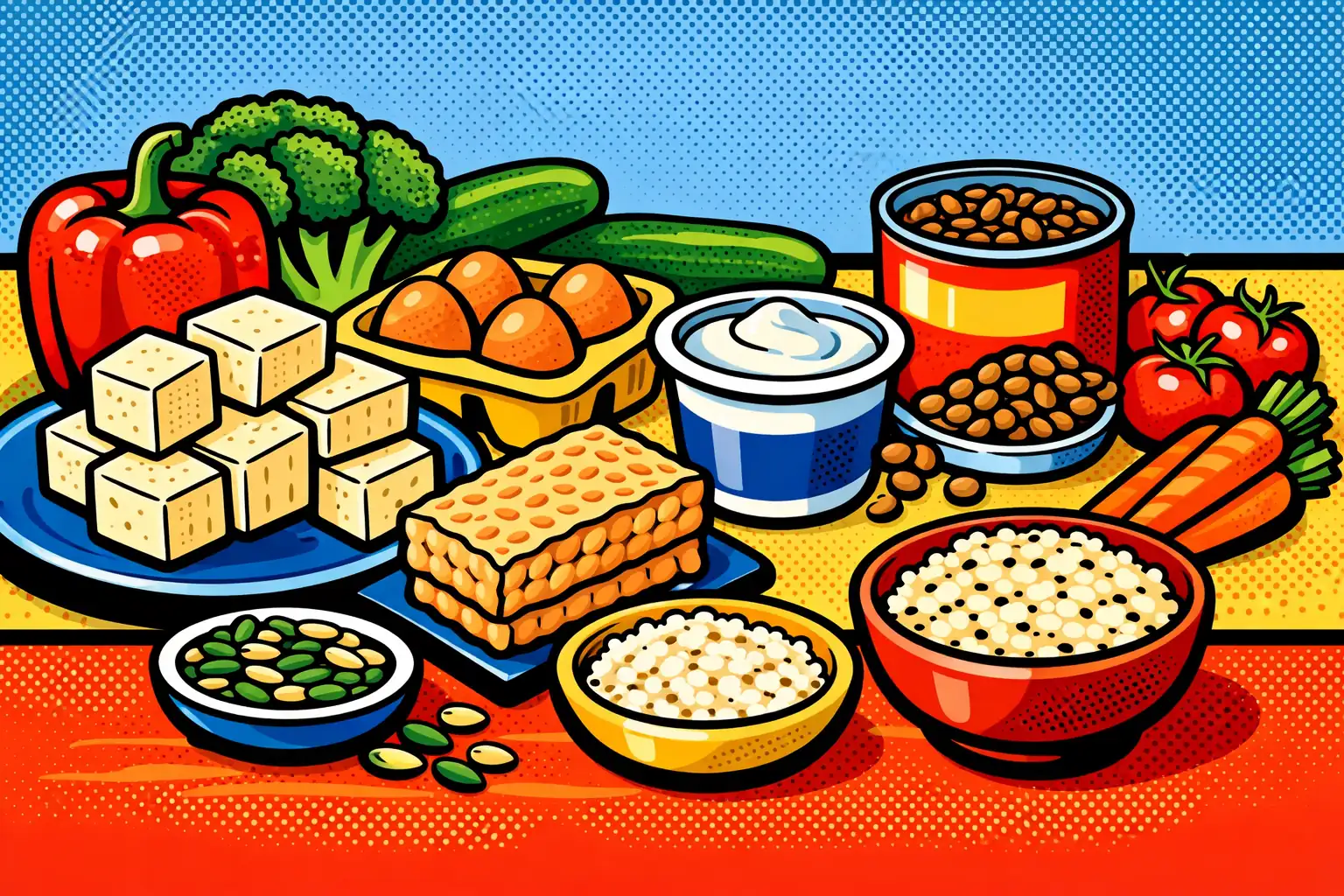 Vegetarian low-FODMAP eating gets easier when you repeat a few dependable protein anchors. A calm low-FODMAP vegetarian meal-prep scene with tofu, tempeh, eggs, yogurt, canned lentils, seeds, and simple vegetables.