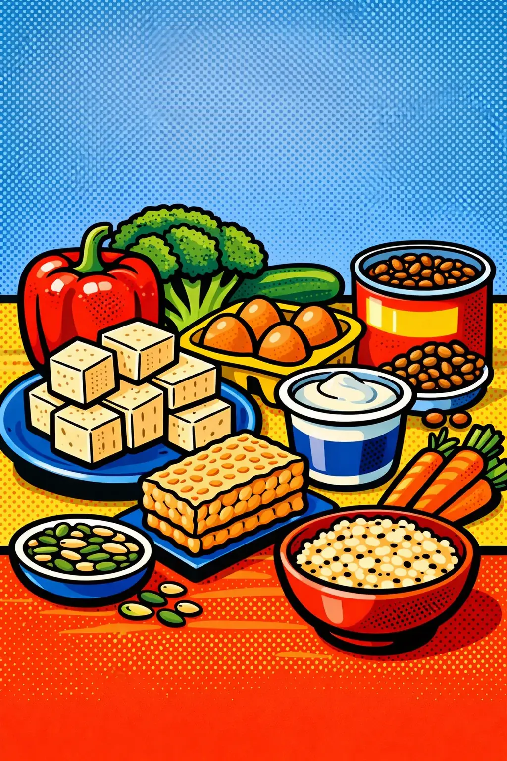 Vegetarian low-FODMAP eating gets easier when you repeat a few dependable protein anchors. A calm low-FODMAP vegetarian meal-prep scene with tofu, tempeh, eggs, yogurt, canned lentils, seeds, and simple vegetables.