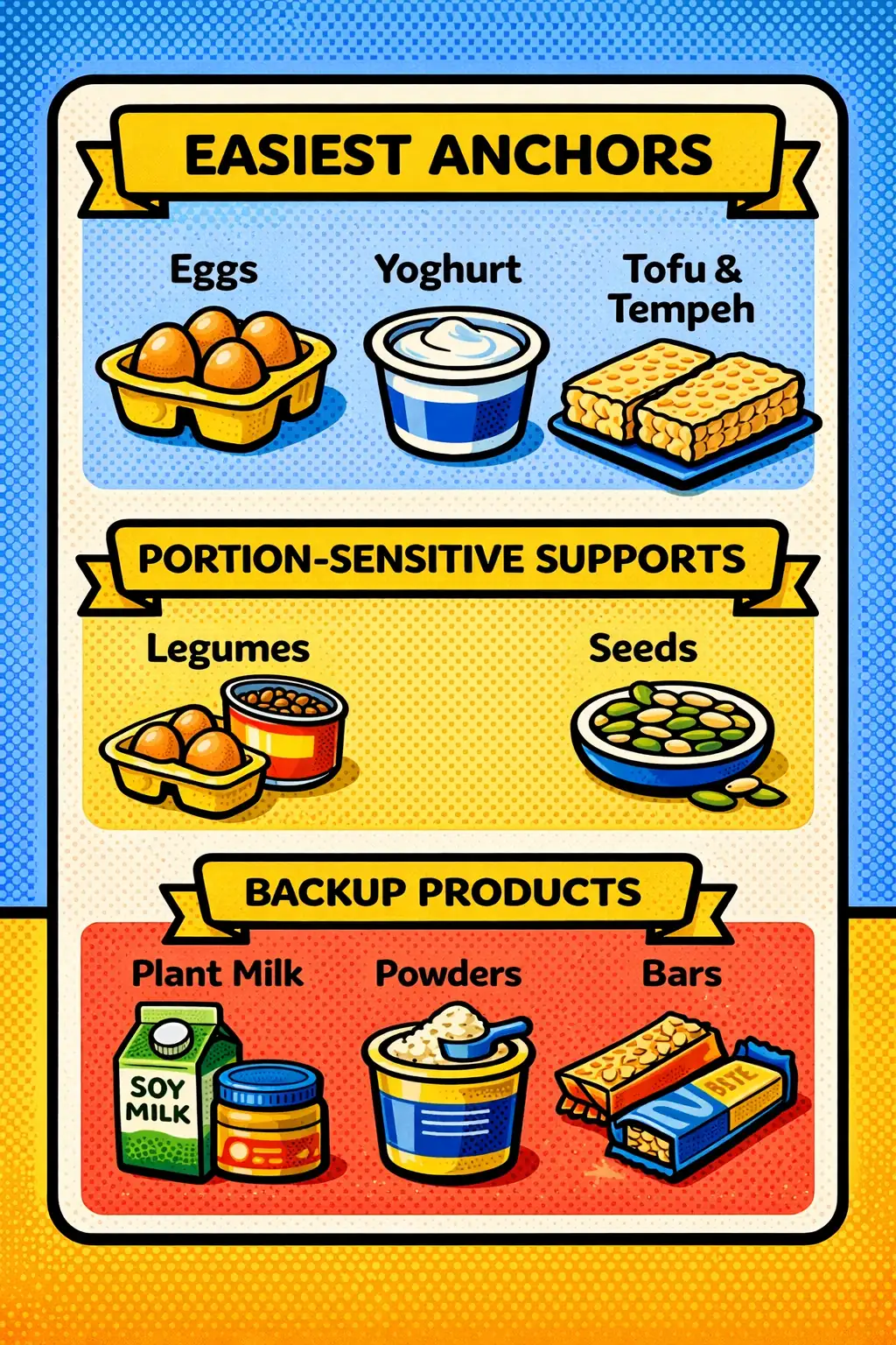 Start with the easiest anchors before you gamble on packaged products. Visual hierarchy of low-FODMAP vegetarian proteins grouped into easiest anchors, portion-sensitive supports, and backup products.