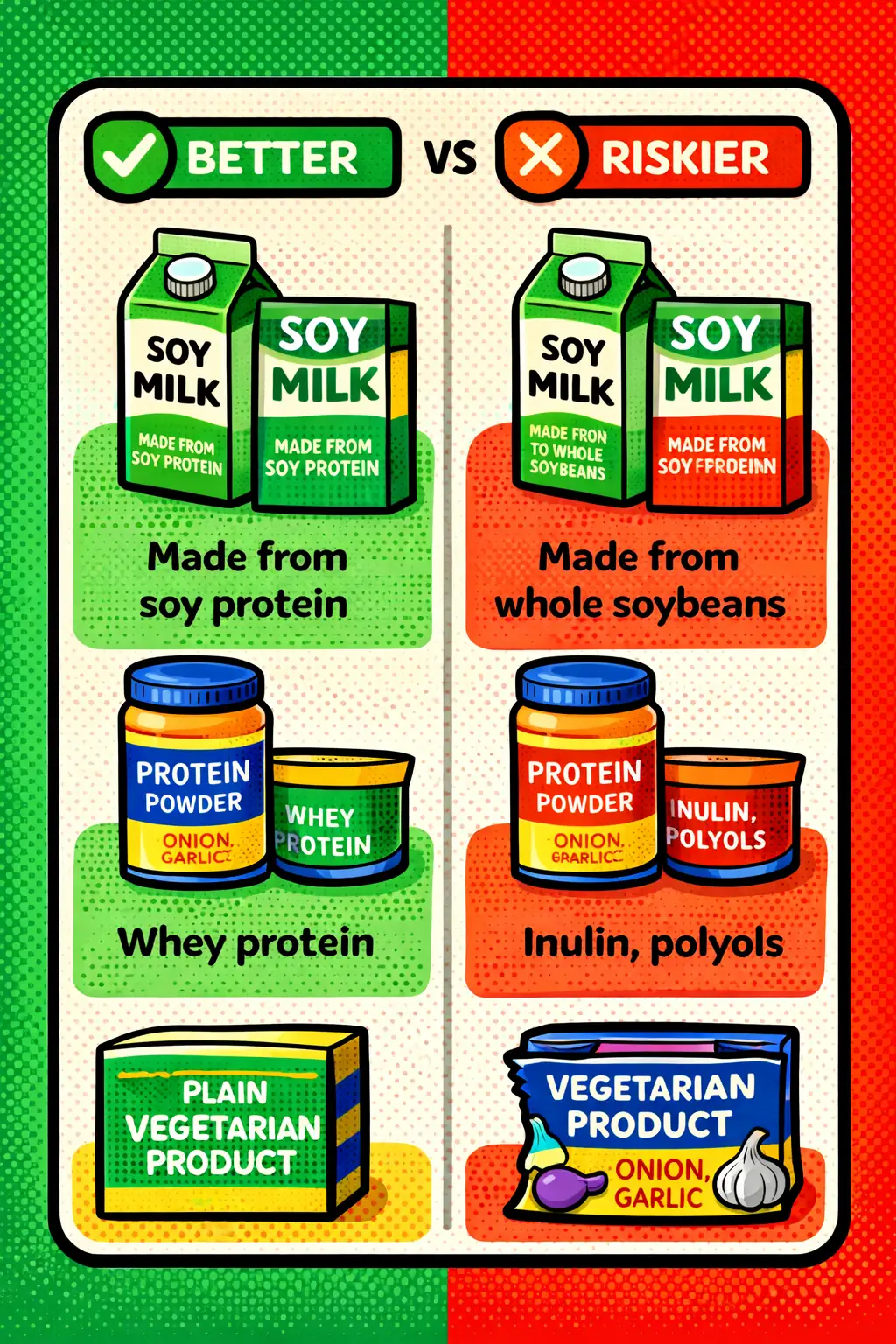 A cleaner label usually beats a more exciting product. Comparison of better and riskier label patterns for soy milk, protein powder, and packaged vegetarian protein products.