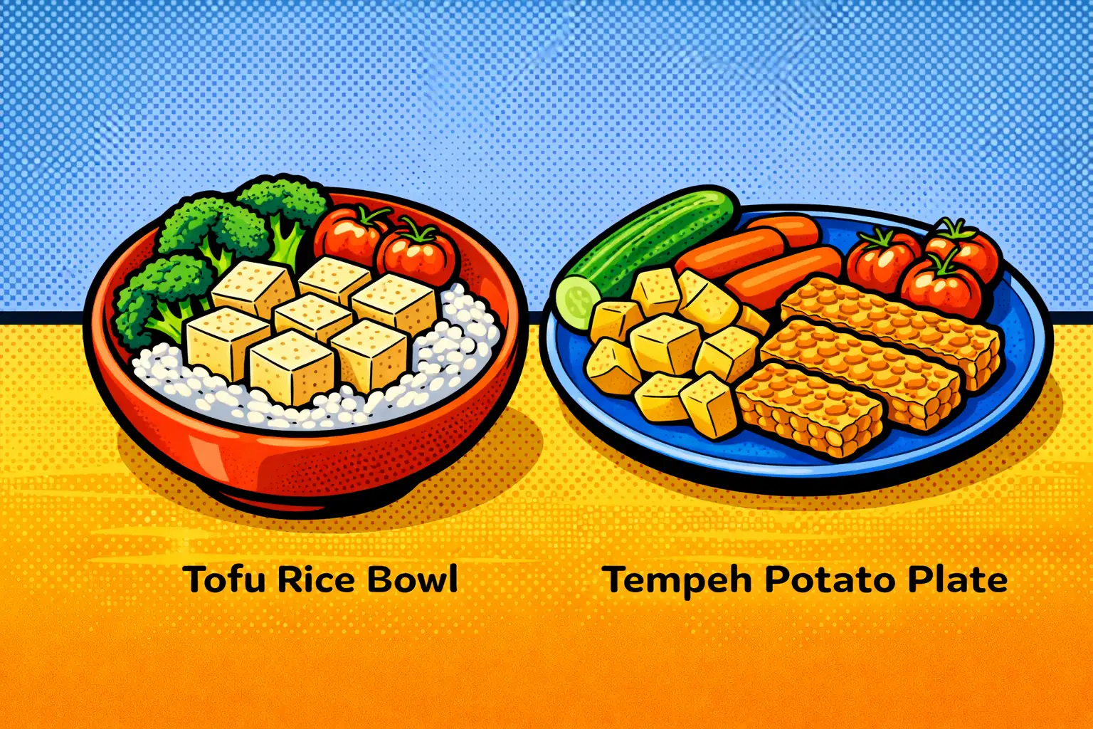 Simple bowls usually outperform complicated healthy-looking mixes. Two simple low-FODMAP vegetarian meals using tofu and tempeh with rice, potatoes, and low-noise vegetables.