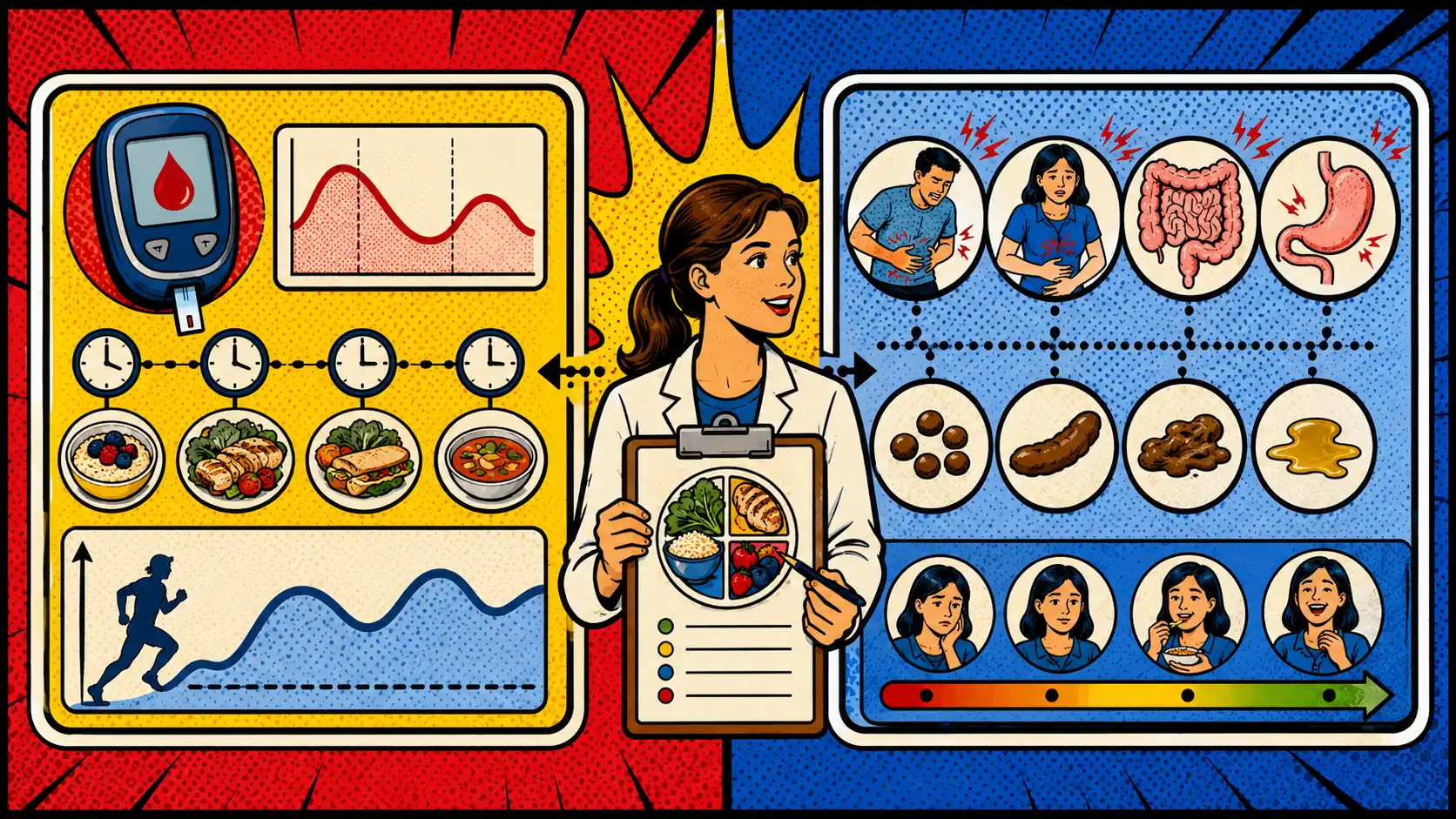 Track blood sugar and gut symptoms as related but separate patterns. Pop art style two-dashboard card showing blood sugar pattern and gut symptom pattern tracked separately.