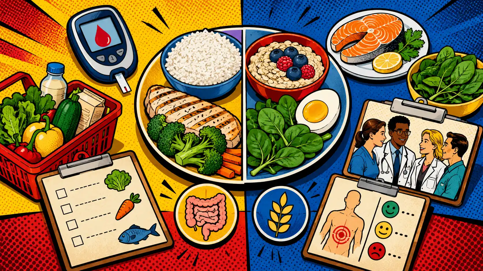 Coordinate gut symptoms and blood sugar without turning low FODMAP into low carb. Pop art style hero image showing low-FODMAP meal planning with diabetes tools, blood sugar meter, fiber foods, protein, and gut symptom tracker.
