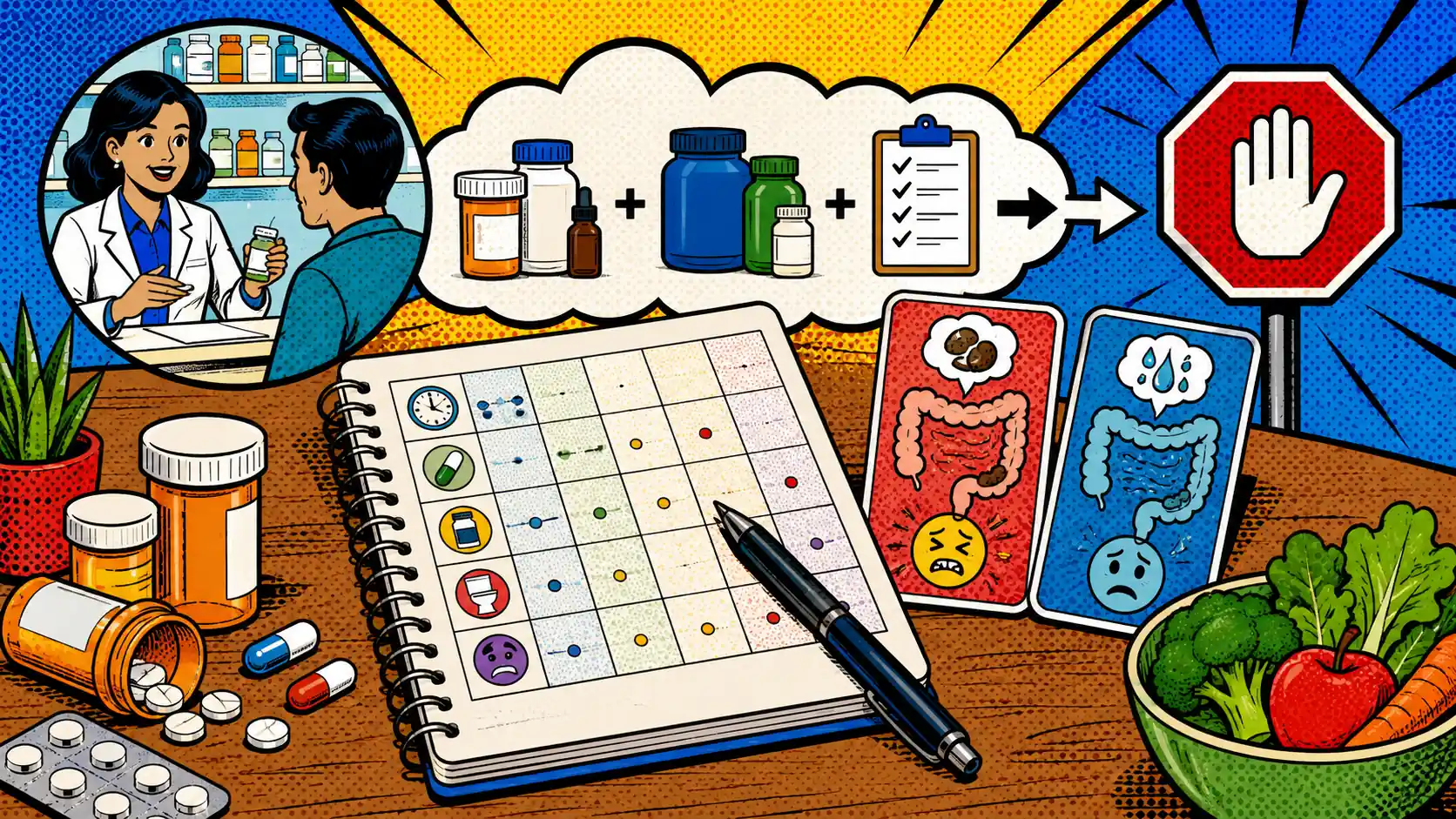 Start with what changed when, not another blind restriction. Pop art style hero image showing a symptom journal, medication bottles, supplement containers, and clinician question cards for sorting IBS-like symptoms.