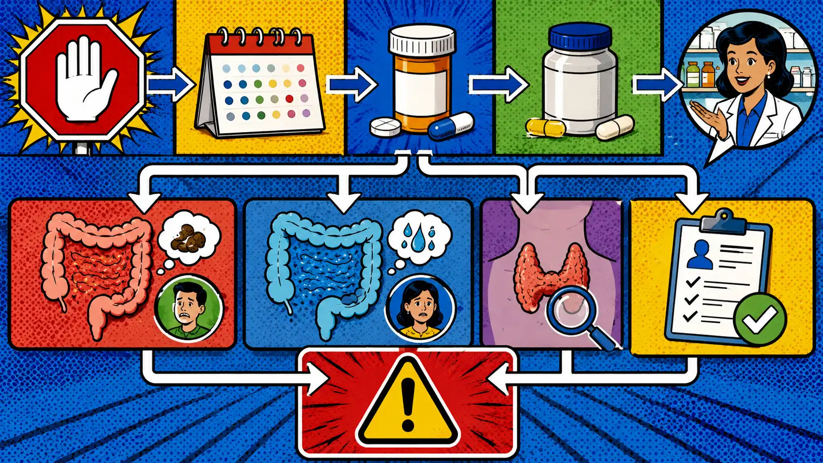 The route changes when symptoms line up with a medicine or supplement change. Pop art style route board showing red flags, medicine timing, supplement timing, pharmacist questions, clinician questions, and IBS next-step routes.