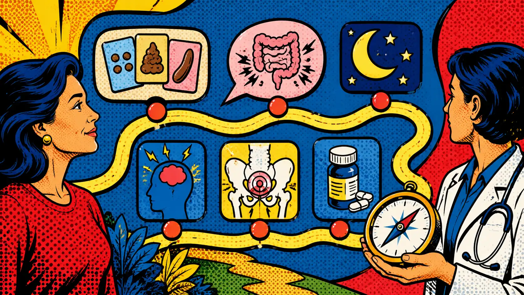 Midlife bowel changes need a wider lens than hormones alone. Midlife gut-symptom route board with bowel-pattern cards, bloating bubble, sleep moon, stress signal, pelvic clue, pill bottle, and clinician compass.