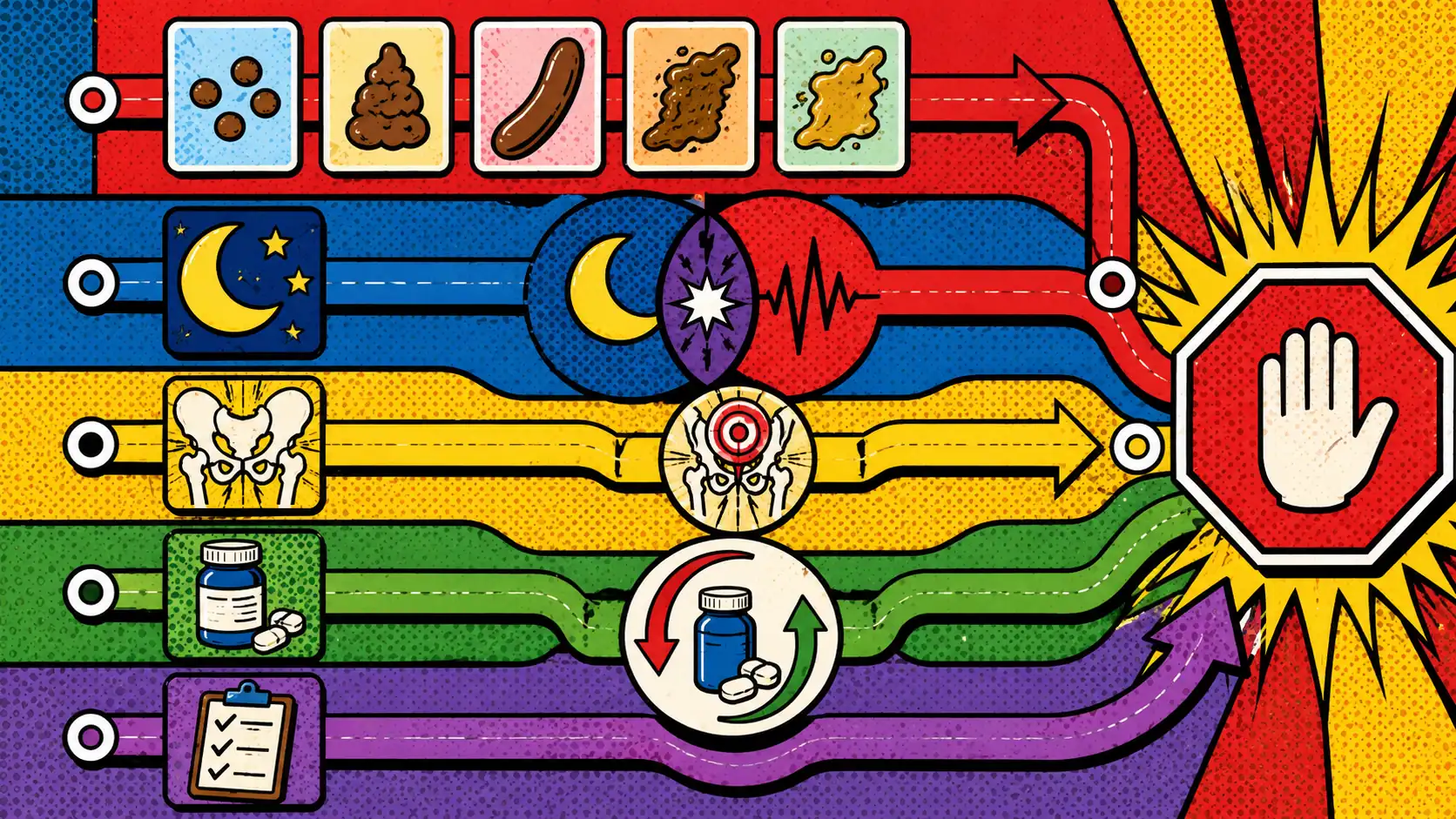 A midlife symptom map keeps bowel, pelvic, and medication clues on the same page. Midlife symptom pattern map with lanes for bowel changes, sleep-stress overlap, pelvic clues, medicine shifts, and stop signs.