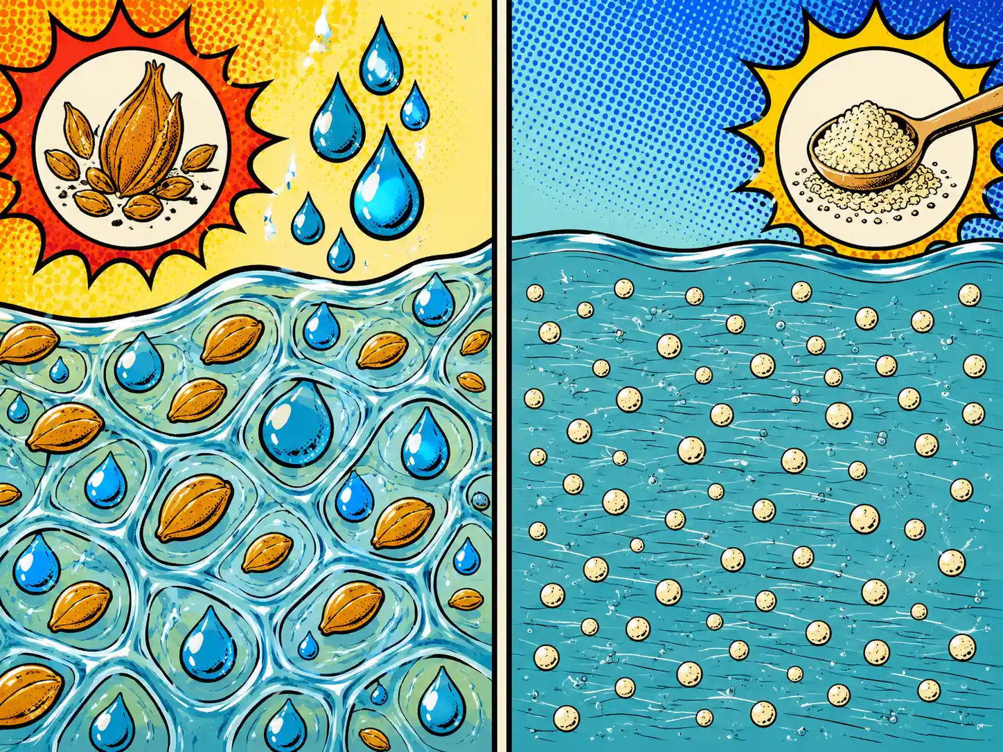 Soluble fiber is a broad label; physical behavior still differs by ingredient. A split fiber behavior diagram contrasts a water-holding gel-forming pathway with a non-viscous dissolving pathway using amber, wheat cream, and teal shapes.