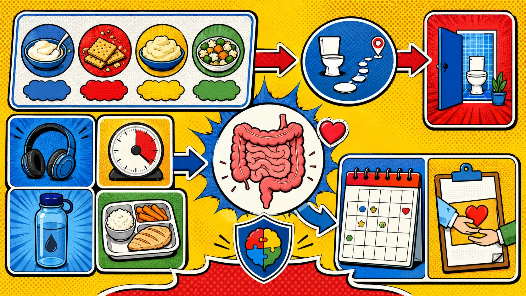 Make the IBS routine visible before adding more rules. Pop art style hero image showing a neurodivergent-friendly IBS routine board with sensory food icons, bathroom route, timer, calendar, headphones, low-effort meal tray, and clinician handoff note.