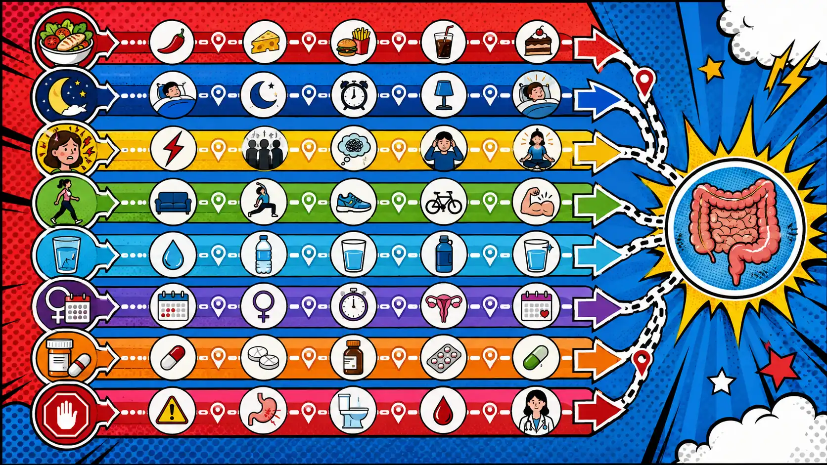 Compare trigger lanes before adding more restriction. Pop art style non-food IBS trigger route board showing food as one lane beside sleep, stress, movement, hydration, cycle timing, and medication lanes.