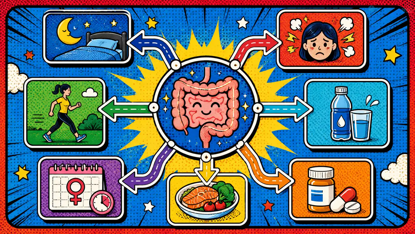 Food is one lane, not the whole IBS map. Pop art style hero image showing IBS trigger route cards for sleep, stress, movement, hydration, cycle timing, and medications.