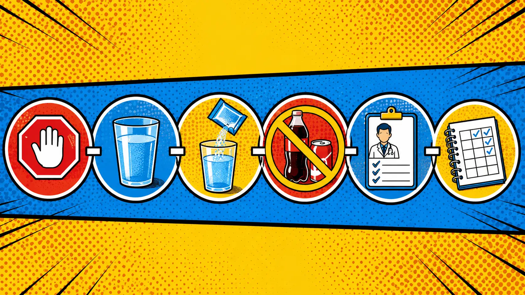 A diarrhea hydration route card separates ORS fit from red flags. Pop art style diarrhea hydration route card with stop signs, ORS fit, fluid choices, avoid list, and follow-up question icons.