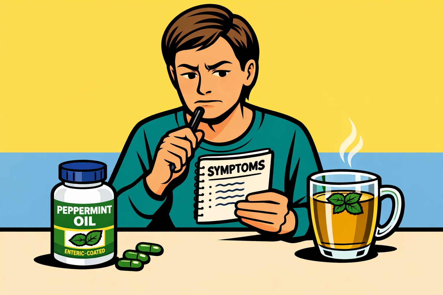 Peppermint oil can help IBS in the right context, but it works best as a specific symptom tool, not a cure-all. An adult comparing a symptom notebook, an enteric-coated peppermint oil bottle, and a glass of peppermint tea at a table.