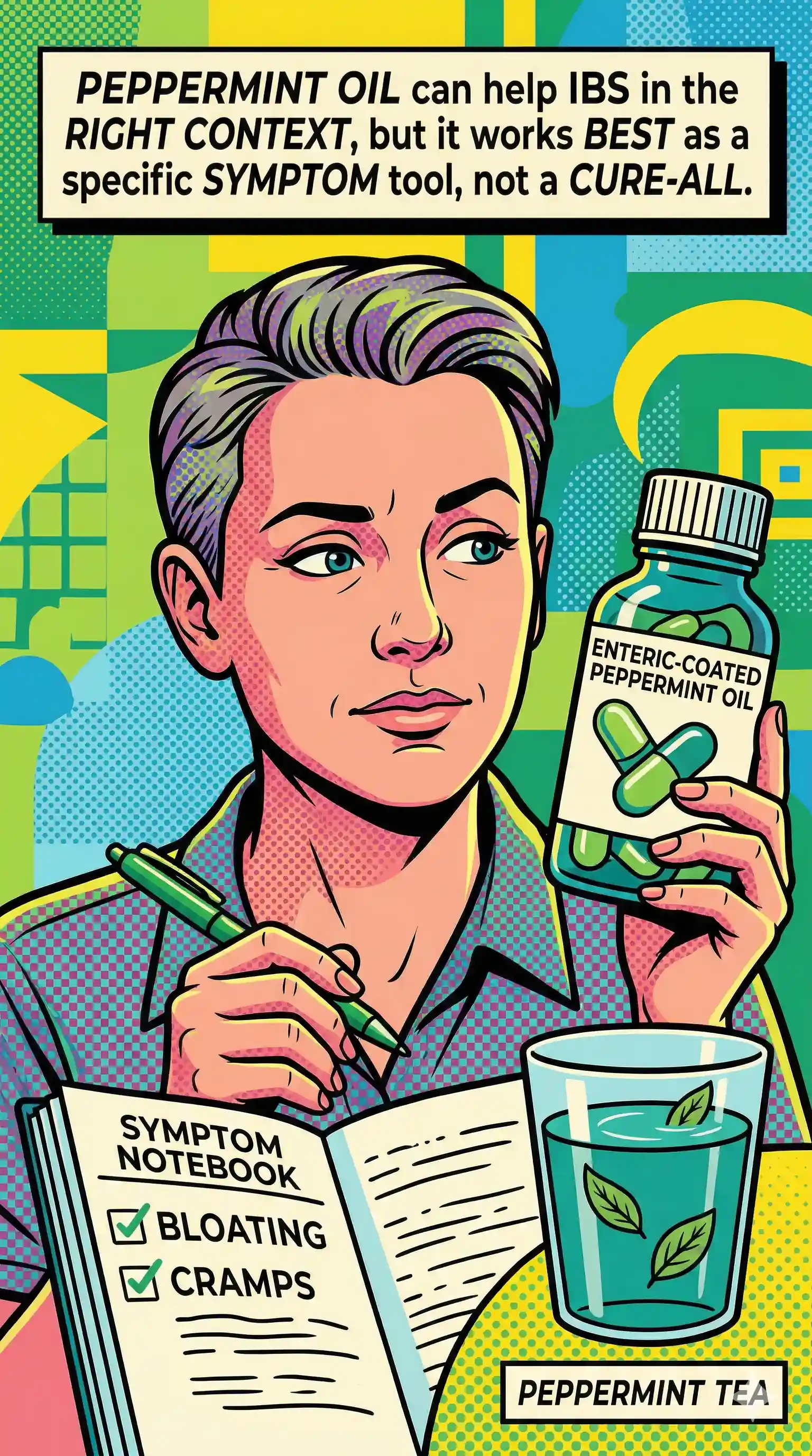 Peppermint oil can help IBS in the right context, but it works best as a specific symptom tool, not a cure-all. An adult comparing a symptom notebook, an enteric-coated peppermint oil bottle, and a glass of peppermint tea at a table.