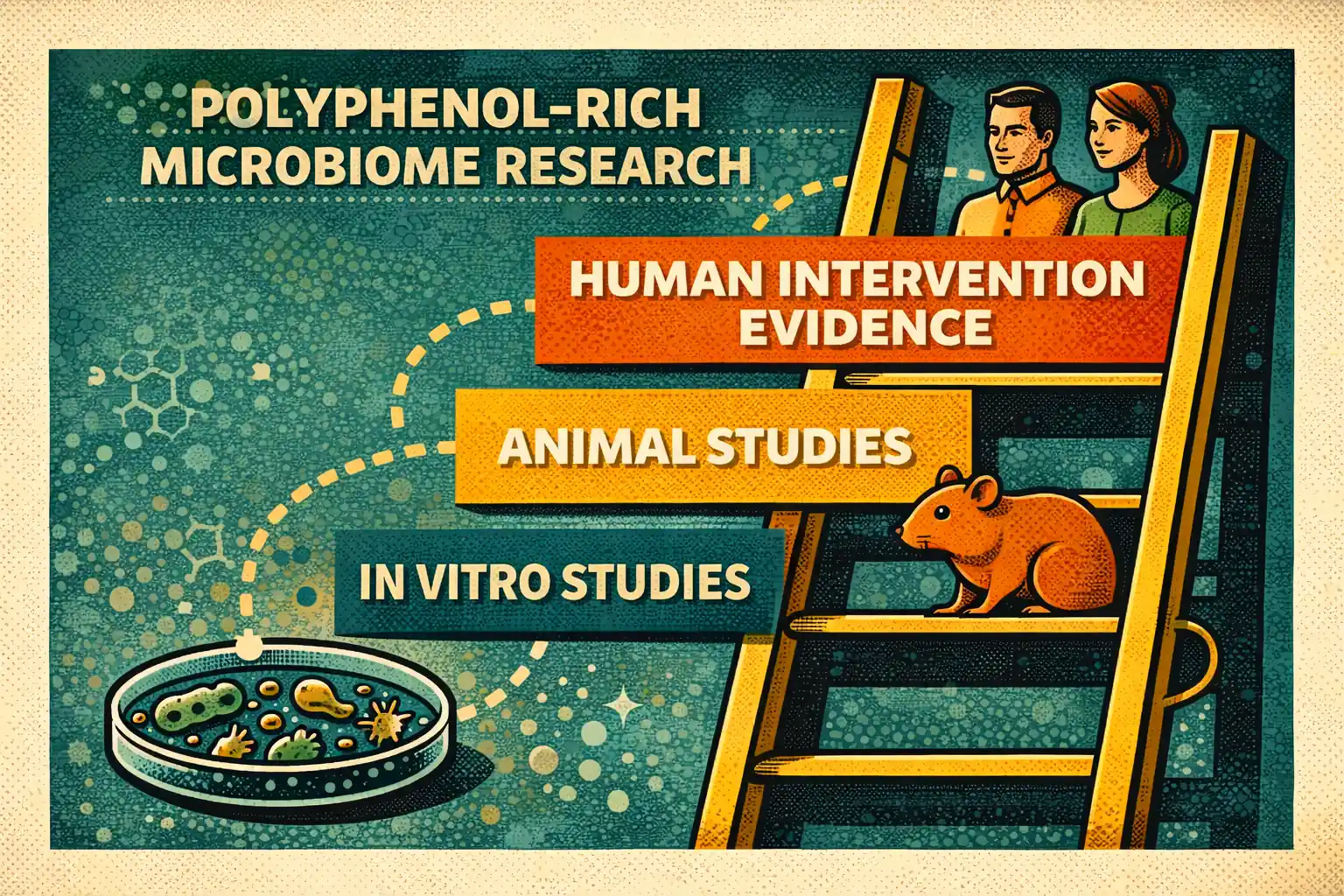 The mechanism story is strong. The human-outcome story is still more uneven. Evidence ladder comparing in vitro, animal, and human evidence for polyphenol-microbiome effects.