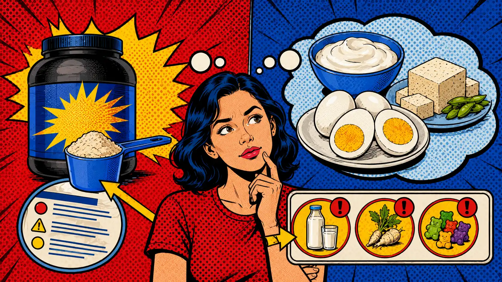 The powder headline is not always the real story. Pop art style hero showing a protein powder tub and scoop beside simpler food-first protein anchors with label-warning callouts.