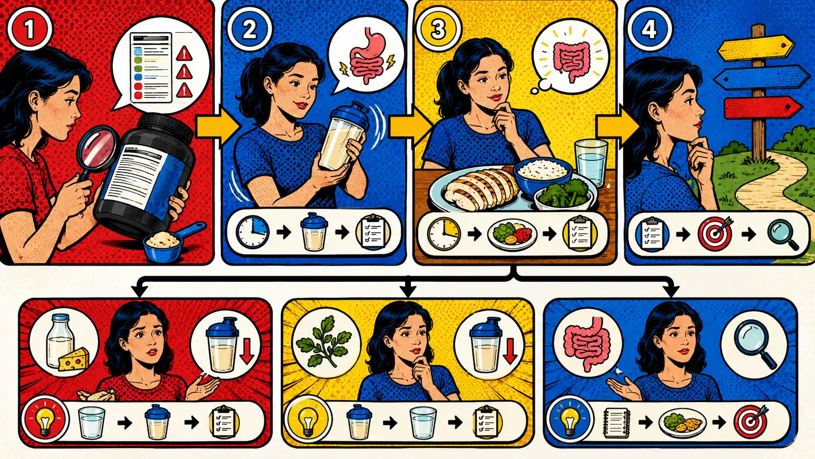 A simpler test gives you a better answer. Pop art style troubleshooting path showing powder label checks, simple shake test, food-first comparison meal, and next-step routing.