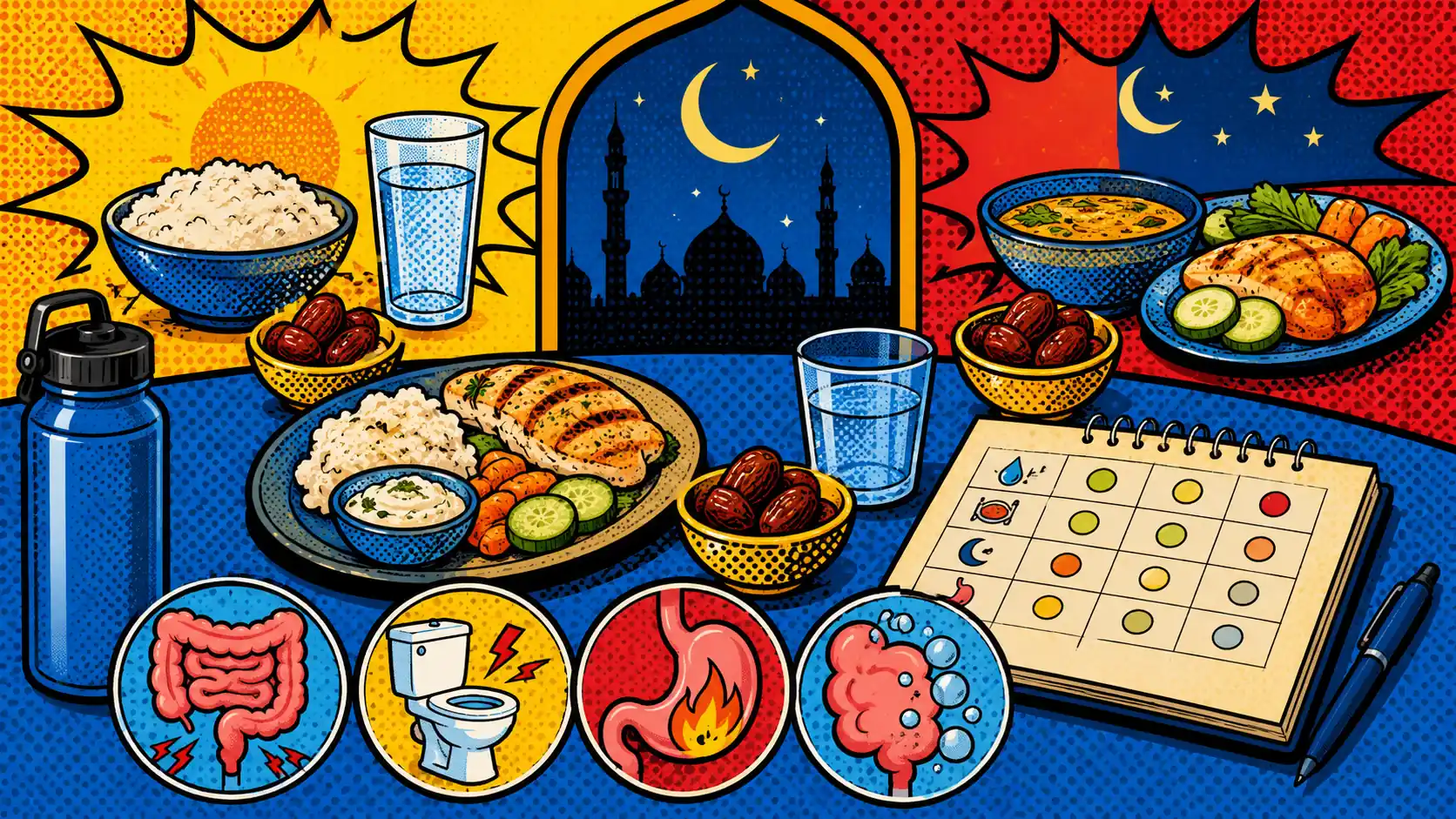 Plan the eating window before blaming one food. Pop art style hero image showing a respectful Ramadan suhoor and iftar planning table with water, fiber foods, symptom tracker, crescent moon calendar, and gut symptom icons.