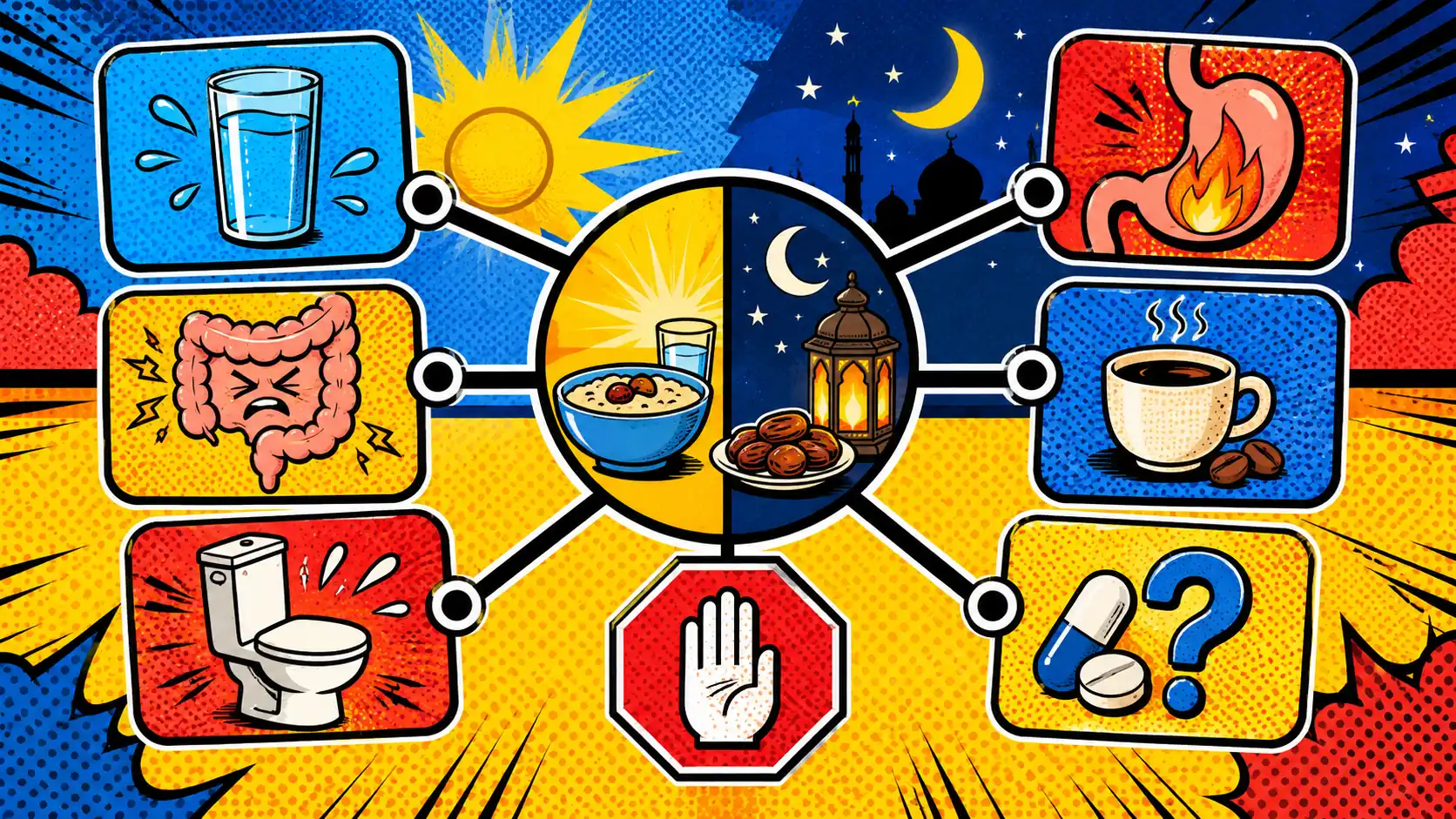 Sort constipation, diarrhea, reflux, hydration, caffeine, and medicine questions separately. Pop art style Ramadan IBS route card showing hydration, constipation, diarrhea, reflux, caffeine, medication questions, and stop signs.