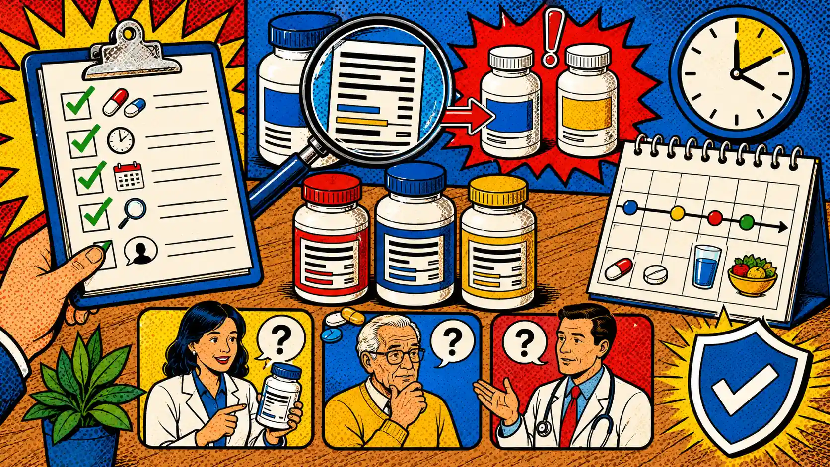 Choose the restaurant for the symptom risk you are actually managing. Pop art style hero image showing friends choosing between restaurant menus with low-FODMAP, reflux, urgency, alcohol, and social timing decision cards.