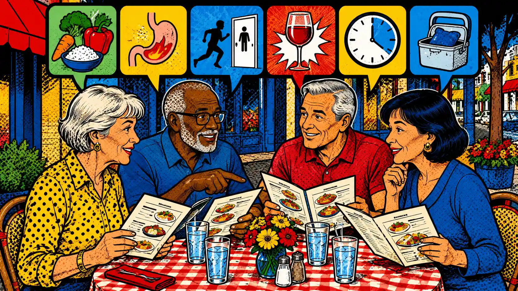 The best restaurant is the one that fits tonight's main risk. Pop art style decision board showing restaurant choices routed by low-FODMAP needs, reflux risk, urgency planning, alcohol decisions, and backup meals.