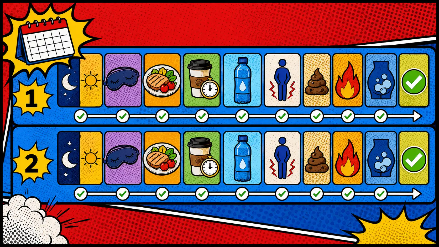 Track the rhythm before changing five foods at once. Pop art style two-week rhythm tracker board with shift blocks, sleep anchor, first meal, caffeine cutoff, hydration, bathroom urgency, stool pattern, and reflux or bloating icons.