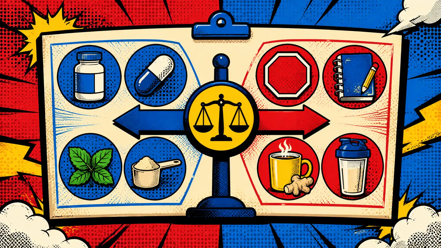 A crowded product stack can hide the symptom signal you are trying to read. Pop art style supplement decision board with pill bottle, probiotic capsule, peppermint leaf, fiber scoop, ginger mug, protein shaker, stop sign, and tracking notebook.