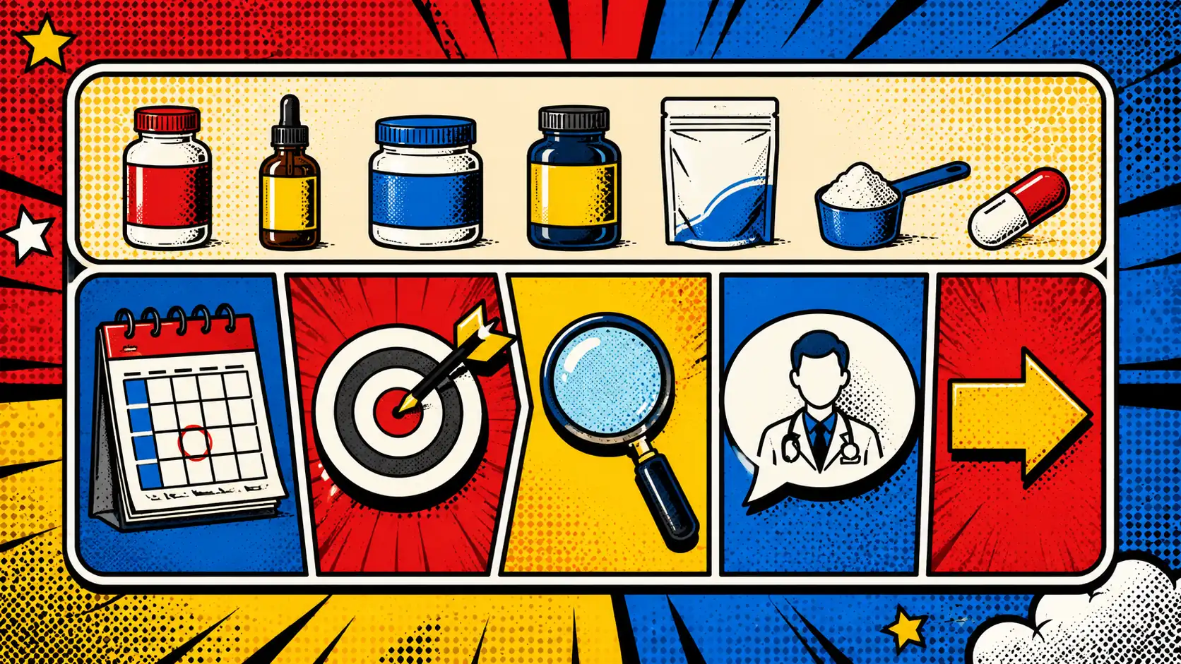 A reset card helps you separate products before adding another one. Pop art style supplement stack reset card with rows for product, start date, target symptom, confounder, and next action icons.