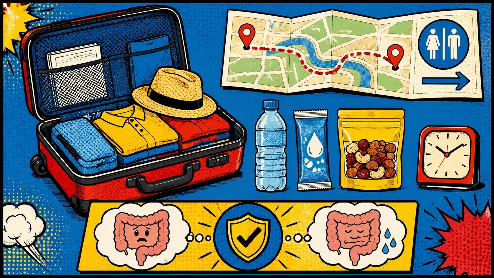 Pack for the symptom pattern, not just the destination. Pop art style hero image showing a suitcase, water bottle, ORS packet, bathroom route card, snack pouch, and travel clock for IBS travel symptom planning.