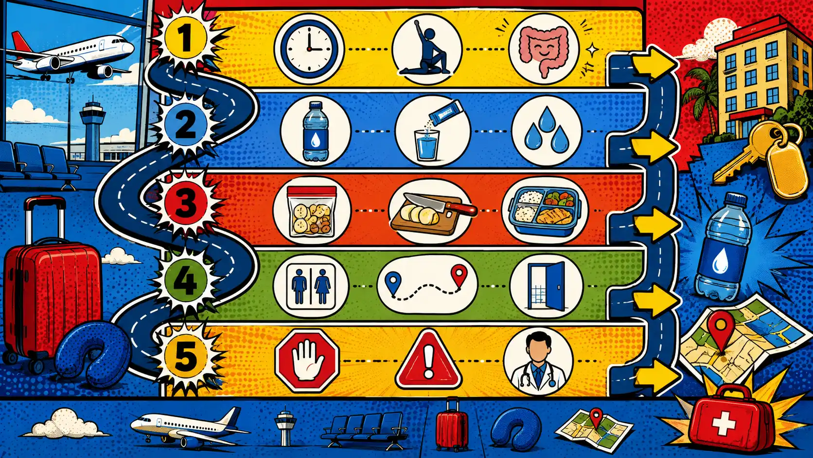 Use layers so one symptom does not take over the whole trip. Pop art style travel gut symptom route board showing constipation, diarrhea, hydration, food, and stop-sign layers.