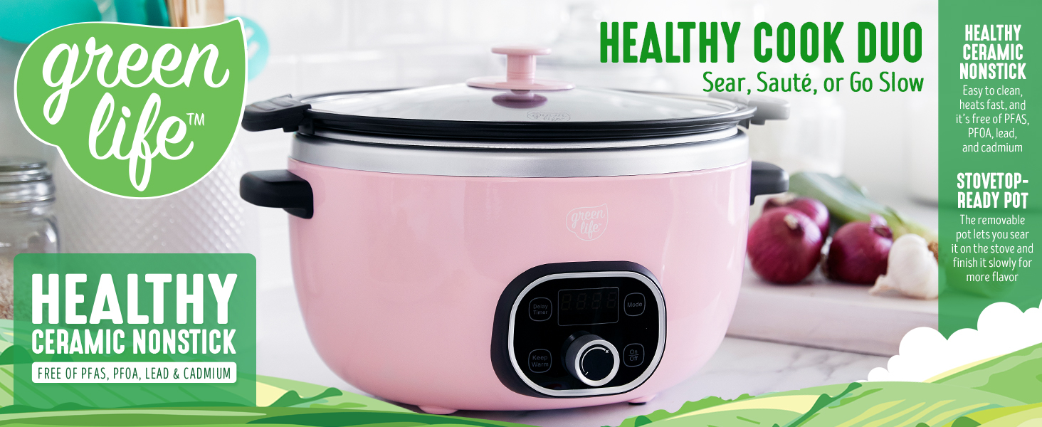 GreenLife, nonstick slow cooker, colorful, healthy, clean, PFAS, countertop, ceramic nonstick, easy