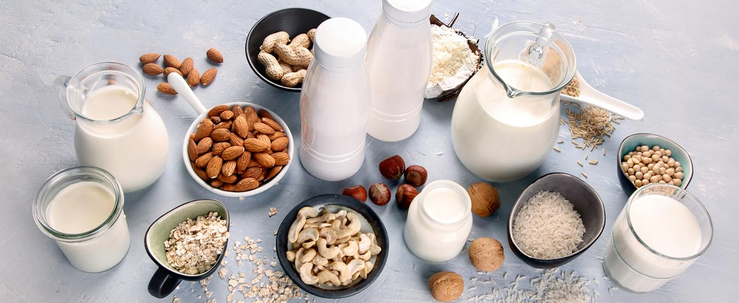 array of plant based milks and the ingredients that made them