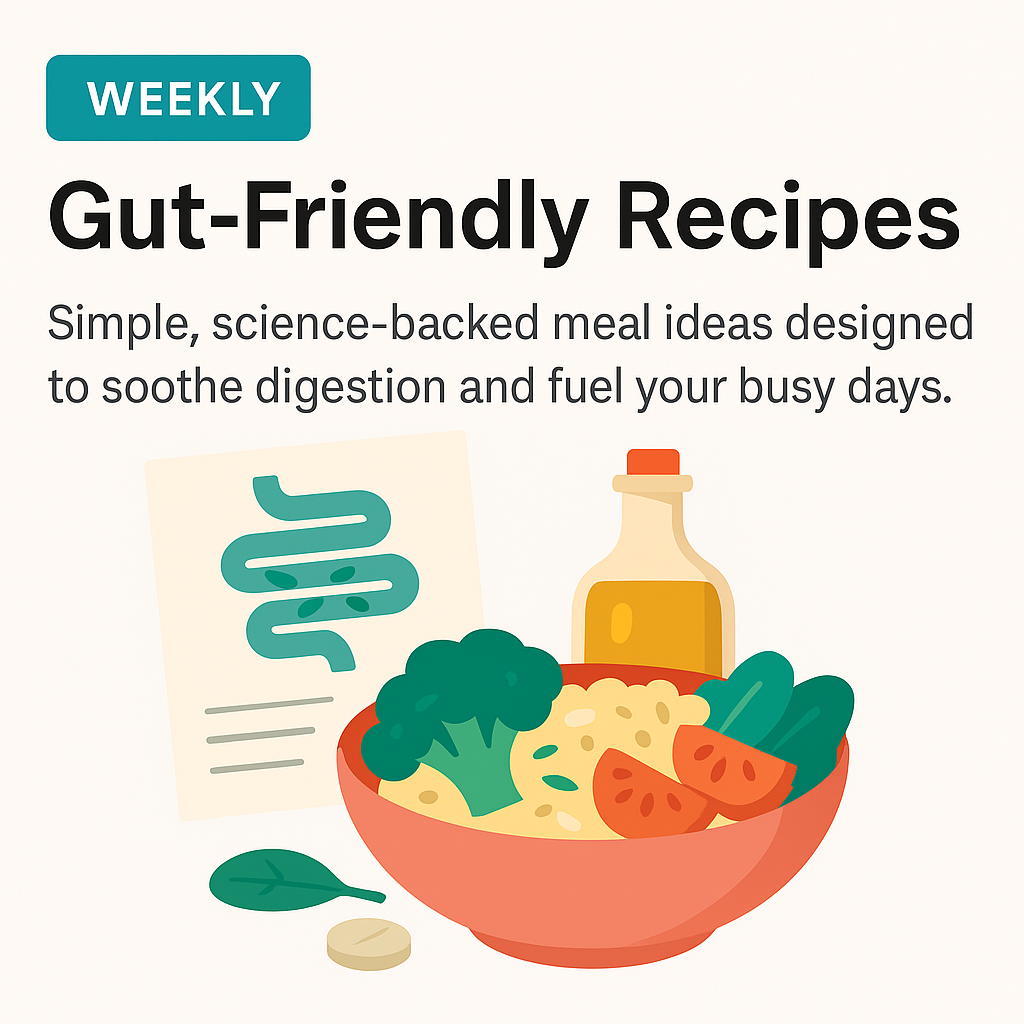 Healthy food bowl with vegetables, gut icon, and olive oil bottle for gut-soothing meals.