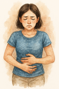 Watercolor woman clutching her abdomen in visible discomfort, illustrating painful abdominal bloating